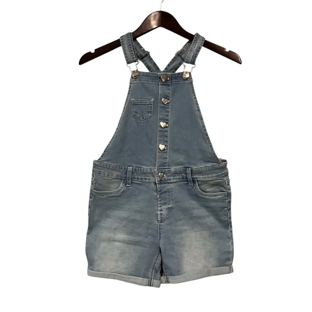 VIGOSS Girls Denim Heart Shaped Snap Overall Shorts Size Large 12/14